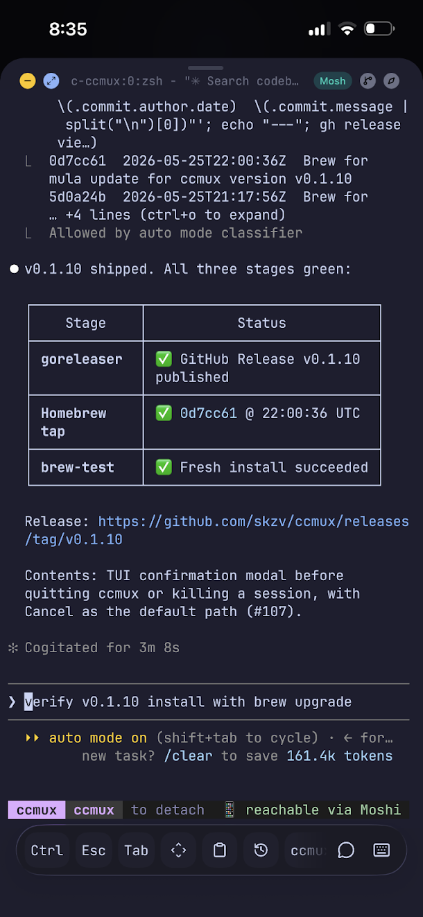 ccmux running inside the Moshi app on an iPhone: a live ccmux session, the status line reading 'reachable via Moshi', and Moshi's on-screen key bar at the bottom.